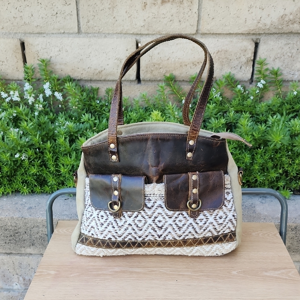 Myra Leather Canvas Woven Khaki Green Brown Boho Tapestry Shoulder Tote Bag.